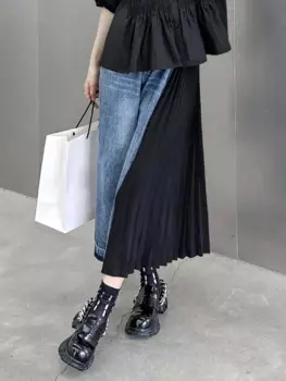 Джинсы женские плиссированные с завышенной талией, Длинные повседневные брюки с широкими штанинами, черные, весна-осень