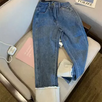 Джинсы женские прямые с широкими штанинами, винтажные Свободные повседневные длинные джинсы с завышенной талией, синие, C8122