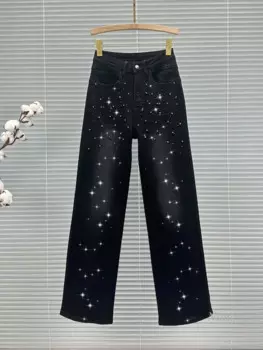 Джинсы женские в европейском стиле, Осень-зима 2024, новые свободные универсальные широкие брюки с высокой талией и со стразами