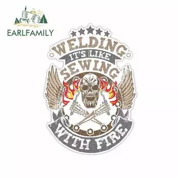 EARLFAMILY 13 см x 10,3 см для сварщика, шитье с огнем, автомобильная наклейка с черепом, индивидуальная наклейка, водонепроницаемый бампер-фургон, графика в багажнике