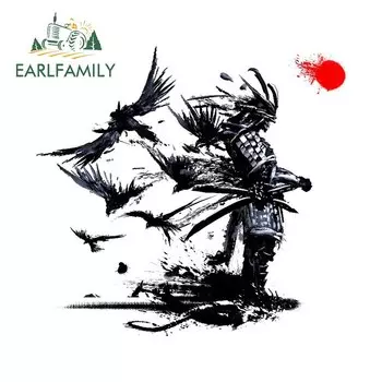 EARLFAMILY 13 см x 12,2 см Автомобильная наклейка самурайского воина чернильная живопись ворона переводная Наклейка для окна автомобиля украшение для багажника японская наклейка для меча