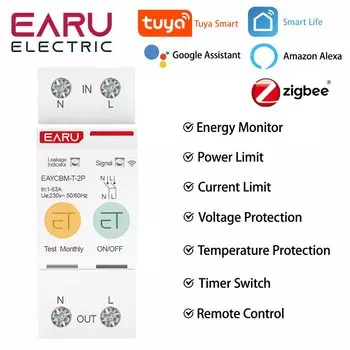 EARUELECTRIC Мини умный автовыключатель 2P TUYA Zigbee WIFI