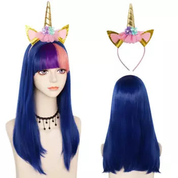 Ebingoo синтетический парик My Little Pony Единорог Сумерки сверкающие длинные прямые Королевский синий косплей парик с радужной челкой + головной убор