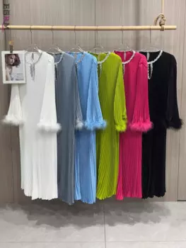 EGRM плиссированное длинное платье, осень 2024, новое однотонное платье с перьями и бриллиантами, элегантное женское платье с круглым вырезом и длинными рукавами 6R951