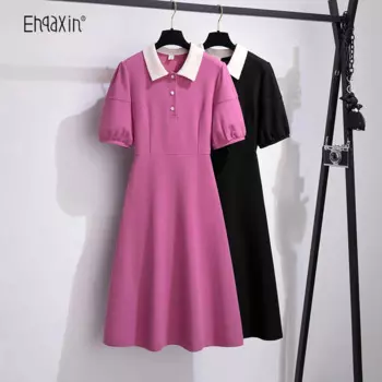 EHQAXIN 2022 летние женские платья, модный элегантный Свободный пуловер-трапеция на пуговицах с отворотом и шнуровкой, женское платье с коротким рукавом