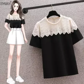 EHQAXIN Летняя женская модная футболка 2023 Новая повседневная кружевная свободная футболка с круглым вырезом и коротким рукавом