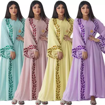 Eid abaya Мода Ближнего Востока уличная летняя шифоновая длинная мусульманская вышивка розовое платье с круглым вырезом + хиджаб мусульманский
