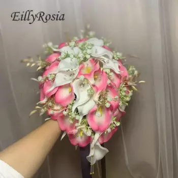 EillyRosia розовый Каскадный Свадебный букет Золотые листья жемчуг на ощупь Calla Lily Свадебный букет каплевидные Искусственные цветы Декор
