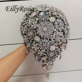 EillyRosia Сделано на заказ роскошная брошь букет Блестящие Серебряные Кристаллы каплевидный Свадебный букет для невесты атласные розы на заказ