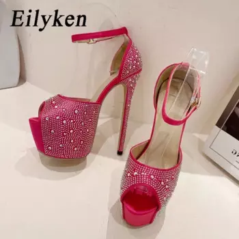 Eilyken/женские босоножки на высоком тонком каблуке-шпильке на твердой платформе с кристаллами; Модные туфли-лодочки с открытым носком и ремешком с пряжкой; Дизайнерская обувь