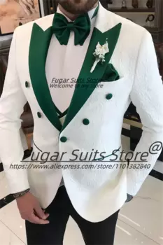 Элегантные белые жаккардовые мужские костюмы с зеленым пиковым лацканом, формальные смокинги для жениха, комплекты из 3 предметов, классические мужские пиджаки, облегающий костюм Homme