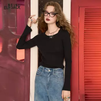 ELFSACK, осень 2024, Новое поступление, Красный пуловер с круглым вырезом, облегающий свитер с длинным рукавом для женщин