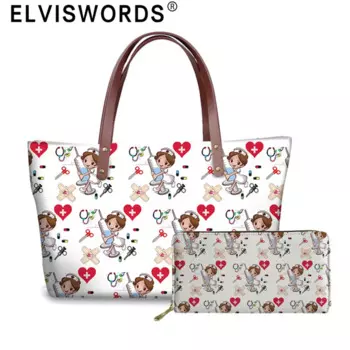 ELVISWORDS Новая Роскошная сумочка кошелек набор милый мультфильм медсестра печать дамы сумки на плечо женские топ-ручка сумка для медсестры Bolsas Mujer