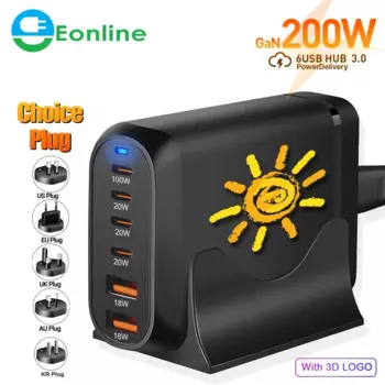 Eonline 3D 200 Вт GaN адаптер питания PD 65 Вт быстрое зарядное устройство Type-C зарядная станция для MacBook iPhone Samsung Xiaomi