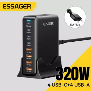Essager 320 Вт GAN Fast Charge 3.0 USB Type C Быстрое зарядное устройство 8-портовое зарядное устройство USB Type C PD 100 Вт для MacBook Pro ipad iphone 16 15 14