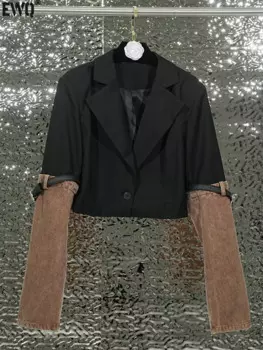 EWQ 2024, новый модный женский короткий пиджак с зубчатым воротником и длинными рукавами коричневого цвета, короткий женский топ на одной пуговице 7AB01004