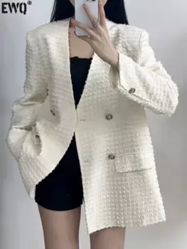 [EWQ] офисный женский простой пиджак с v-образным вырезом и длинными рукавами, двубортный модный темпераментный женский костюм, пальто 2024, осень 16O2007