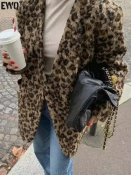 [EWQ] Винтажное шерстяное пальто с длинным рукавом и v-образным вырезом с леопардовым принтом, женская зимняя толстая куртка, зимняя верхняя одежда, 2024, осенний прилив