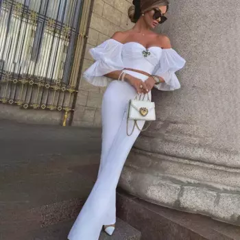 Европейская и американская мода, новый стиль, бандажный женский топ, сетчатый топ с пышными рукавами, Облегающие расклешенные брюки, темпераментный Костюм-двойка