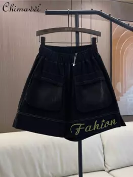 Европейская рабочая одежда, повседневные брюки с большими карманами, женская летняя мода, свободные широкие джинсовые шорты А-силуэта с эластичным поясом