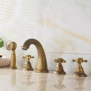 Европейская ретро медная труба для ванной смеситель для раковины пять частей пять отверстий Сплит Тип горячей и холодной воды кран с душевой комплект под старину