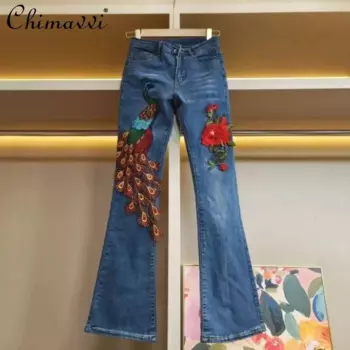 Европейская станция 2024, осенняя вышивка, труба с павлином, модные узкие длинные джинсы с высокой талией для женщин