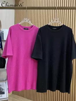 Европейская станция, модная женская Свободная футболка большого размера средней длины, с коротким рукавом, летняя новая футболка с круглым вырезом