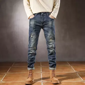 Европейские и американские ретро ностальгические Стрейчевые джинсы мужские потертые облегающие брюки повседневные брюки джинсовые обтягивающие джинсы для мужчин