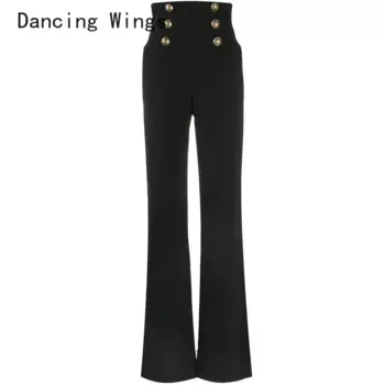 Европейские модные двубортные брюки с высокой талией и широкими штанинами, индивидуальные летние женские брюки длиной до пола
