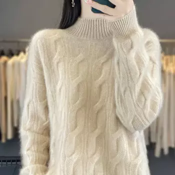 Европейский и американский тренд, женский свитер с полувысоким воротником, однотонный вязаный пуловер, женский новый шерстяной свитер с длинными рукавами 100.