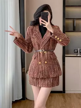 Европейский стиль, осень-зима, элитный комплект из 2 предметов, женская шерстяная твидовая куртка с поясом, тонкое пальто и облегающее мини-юбка, костюмы, офисные наряды