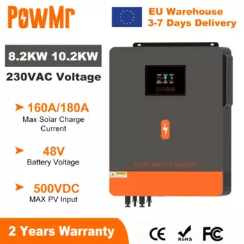 Европейский запас PowMr 10 кВт Гибридный солнечный инвертор 48 в 230 В на сетке Чистая синусоида Инвертор двойной выход MPPT 160A солнечное зарядное устройство
