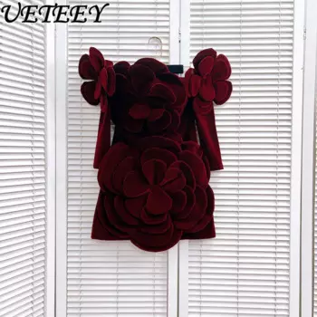 Европейско-американские французские нишевые бархатные короткие платья без бретелек для тяжелой промышленности, декоративное платье-топ с цветочным принтом и рукавами