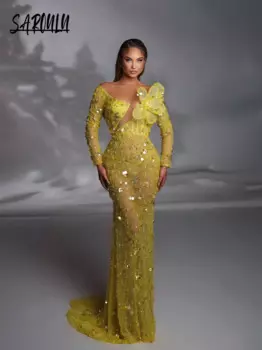 Эксклюзивное вечернее платье с цветочной иллюзией, мерцающий корсет с кисточками, платье для выпускного вечера с длинными рукавами, женское нежное платье с вырезами по индивидуальному заказу