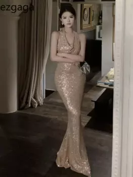 Ezgaga вечерние платья женские с открытой спиной Холтер распашной воротник с блестками сексуальное тонкое элегантное платье русалки без рукавов темперамент