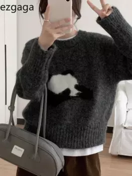 Ezgaga вязаный свитер с героями мультфильмов, женский милый свободный эластичный свитер с круглым вырезом, осень-зима 2023, милый пуловер с круглым вырезом, женский джемпер