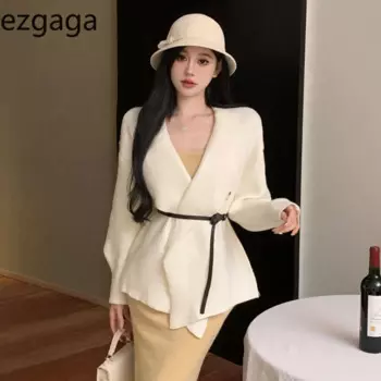 Ezgaga вязаный свитер, женский осенне-зимний модный элегантный кардиган во французском стиле с отложным воротником, облегающая верхняя одежда, женские топы