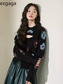 Ezgaga вязаный свитер женский винтажный полый свитер с цветами осень-зима с круглым вырезом и длинным рукавом модный пуловер женский джемпер