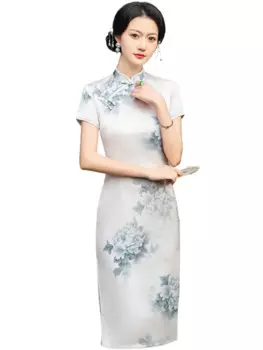 Ежедневное дневное женское платье-Ципао из разноцветной двухслойной уксусной кислоты средней длины, высококачественное платье большого размера с застежкой на талию, придающее стройность