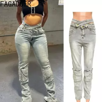 FAGADOER Ретро джинсовые брюки женские Y2K уличная одежда пуговицы карго карман лоскутные эластичные джинсы с высокой талией осень-зима низ