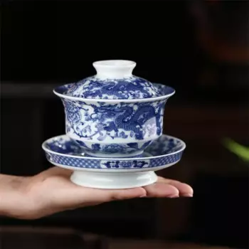 Фарфоровая чайная чашка Gaiwan ручной работы, процветание, загрузка высокой чаши для ног, одинарный трехтарусный многоцелевой чай