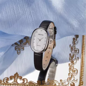 Fashionable exquisite compact women wristwatch rhinestone oval dial leather strap women quartz watch часы женские наручные