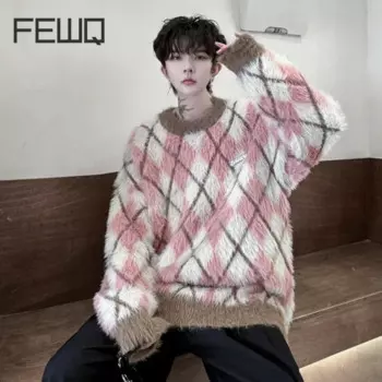 FEWQ мужской пуловер топ в ромбовидную клетку нишевый дизайн контрастного цвета одежда с круглым воротником вязаный повседневный мужской свитер Tide 9C7974