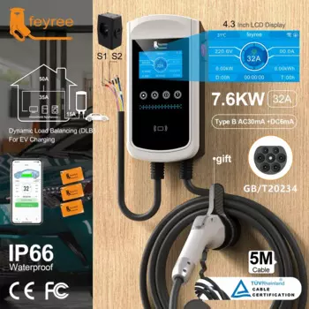 Feyree GB/T Зарядное устройство для электромобилей 7,6 кВт 32 А Настенный ящик с динамической нагрузкой 4,3-дюймовый ЖК-дисплей Wi-Fi Зарядная станция для приложения 11 кВт 22 кВт 3P Зарядная станция