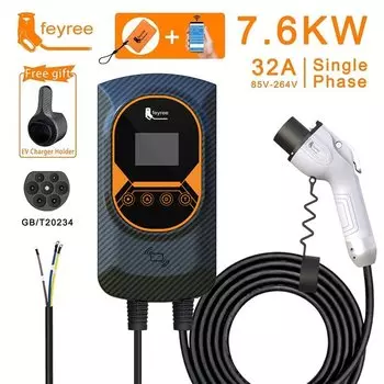 Feyree Зарядное устройство для электромобилей GB/T Socket EVSE Wallbox 32A 22KW 3 фазы 16A 11KW Зарядная станция для управления приложением электромобиля 7,6KW 5m Кабель
