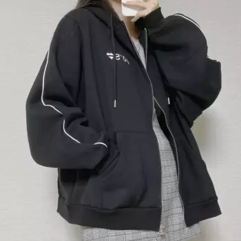 Флисовая Черная Толстовка Harajuku, женские модные корейские толстовки оверсайз на молнии, женские зимние теплые куртки в стиле преппи