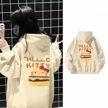 Флисовая Толстовка Miniso с изображением гамбургера Hellokitty, толстовка с мультяшным принтом в стиле Харадзюку, Симпатичный хлопковый пуловер Sanrio, Женская Толстовка Оверсайз