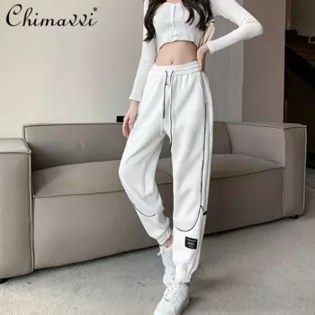 Флисовые утепленные спортивные брюки женские осенне-зимние Новые корейские модные Свободные повседневные брюки Harlan с высокой талией на шнуровке