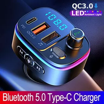 FM-трансмиттер JINSERTA, автомобильный Bluetooth 5,0, Type-C и QC3.0, зарядное устройство с двумя USB-портами, 7-цветная атмосферная подсветка, mp3-плеер без потерь