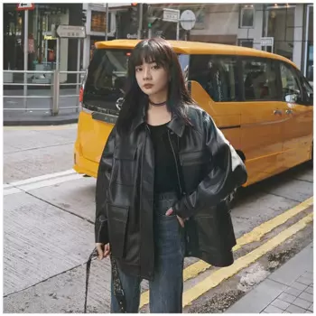 FMFSSOM весна-осень 2024 шикарный дизайн с четырьмя большими карманами мотоцикл BF винтажная Женская куртка из искусственной кожи в стиле ретро